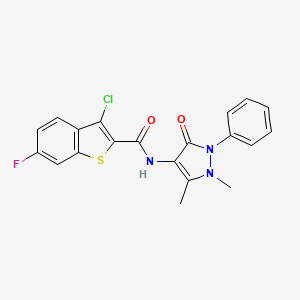 molecular formula C20H15ClFN3O2S B2358063 3-クロロ-N-(1,5-ジメチル-3-オキソ-2-フェニル-2,3-ジヒドロ-1H-ピラゾール-4-イル)-6-フルオロ-1-ベンゾチオフェン-2-カルボキサミド CAS No. 620570-68-5