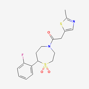 molecular formula C17H19FN2O3S2 B2358103 1-(7-(2-氟苯基)-1,1-二氧化-1,4-噻氮杂环戊烷-4-基)-2-(2-甲基噻唑-5-基)乙酮 CAS No. 2034607-98-0