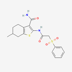 molecular formula C18H20N2O4S2 B2358159 6-Methyl-2-(2-(phenylsulfonyl)acetamido)-4,5,6,7-tetrahydrobenzo[b]thiophene-3-carboxamide CAS No. 898405-91-9