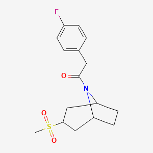 molecular formula C16H20FNO3S B2358240 2-(4-fluorophenyl)-1-((1R,5S)-3-(methylsulfonyl)-8-azabicyclo[3.2.1]octan-8-yl)ethanone CAS No. 1705395-92-1