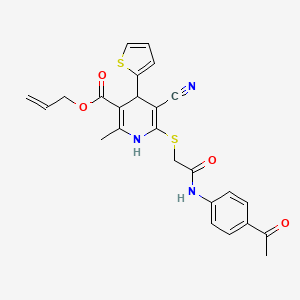 molecular formula C25H23N3O4S2 B2358243 Allyl 6-((2-((4-acetylphenyl)amino)-2-oxoethyl)thio)-5-cyano-2-methyl-4-(thiophen-2-yl)-1,4-dihydropyridine-3-carboxylate CAS No. 370855-35-9