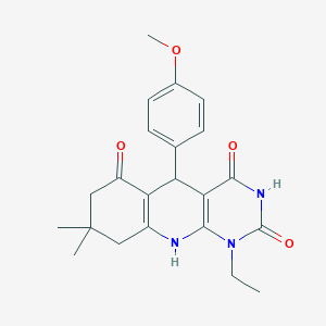 molecular formula C22H25N3O4 B2358285 1-ethyl-5-(4-methoxyphenyl)-8,8-dimethyl-5,8,9,10-tetrahydropyrimido[4,5-b]quinoline-2,4,6(1H,3H,7H)-trione CAS No. 868214-78-2