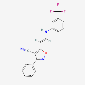 molecular formula C19H12F3N3O B2358341 3-Phenyl-5-{2-[3-(trifluoromethyl)anilino]vinyl}-4-isoxazolecarbonitrile CAS No. 303995-73-5