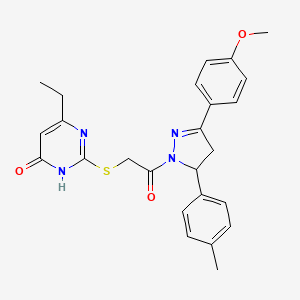 molecular formula C25H26N4O3S B2358376 6-ethyl-2-((2-(3-(4-methoxyphenyl)-5-(p-tolyl)-4,5-dihydro-1H-pyrazol-1-yl)-2-oxoethyl)thio)pyrimidin-4(3H)-one CAS No. 900007-83-2
