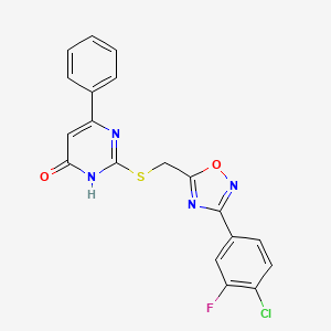 molecular formula C19H12ClFN4O2S B2358409 2-({[3-(4-Chloro-3-fluorophenyl)-1,2,4-oxadiazol-5-yl]methyl}sulfanyl)-6-phenyl-4-pyrimidinol CAS No. 1206987-64-5