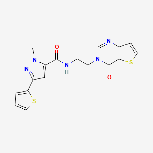 molecular formula C17H15N5O2S2 B2358537 1-methyl-N-(2-(4-oxothieno[3,2-d]pyrimidin-3(4H)-yl)ethyl)-3-(thiophen-2-yl)-1H-pyrazole-5-carboxamide CAS No. 2034553-20-1