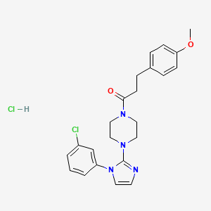 molecular formula C23H26Cl2N4O2 B2358602 1-(4-(1-(3-chlorophenyl)-1H-imidazol-2-yl)piperazin-1-yl)-3-(4-methoxyphenyl)propan-1-one hydrochloride CAS No. 1189421-89-3