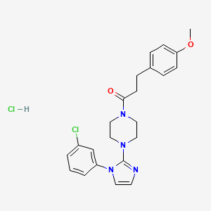 molecular formula C23H26Cl2N4O2 B2358602 盐酸1-(4-(1-(3-氯苯基)-1H-咪唑-2-基)哌嗪-1-基)-3-(4-甲氧苯基)丙-1-酮 CAS No. 1189421-89-3