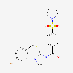 molecular formula C21H22BrN3O3S2 B2358626 [2-[(4-Bromophenyl)methylsulfanyl]-4,5-dihydroimidazol-1-yl]-(4-pyrrolidin-1-ylsulfonylphenyl)methanone CAS No. 851800-84-5