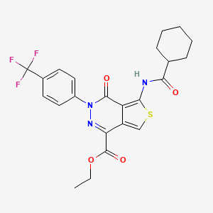 molecular formula C23H22F3N3O4S B2358639 5-(环己烷甲酰胺基)-4-氧代-3-(4-(三氟甲基)苯基)-3,4-二氢噻吩并[3,4-d]嘧啶-1-甲酸乙酯 CAS No. 851951-08-1
