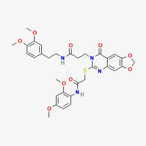 molecular formula C32H34N4O9S B2358653 3-[6-({2-[(2,4-dimethoxyphenyl)amino]-2-oxoethyl}thio)-8-oxo[1,3]dioxolo[4,5-g]quinazolin-7(8H)-yl]-N-[2-(3,4-dimethoxyphenyl)ethyl]propanamide CAS No. 688059-75-8