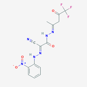 molecular formula C14H11F3N6O4 B2358712 (E)-N-(2-nitrophenyl)-1-{N'-[(2E)-5,5,5-trifluoro-4-oxopentan-2-ylidene]hydrazinecarbonyl}methanecarbohydrazonoyl cyanide CAS No. 477870-87-4