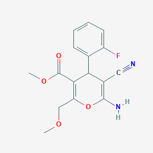 molecular formula C16H15FN2O4 B2358742 methyl 6-amino-5-cyano-4-(2-fluorophenyl)-2-(methoxymethyl)-4H-pyran-3-carboxylate CAS No. 313379-54-3