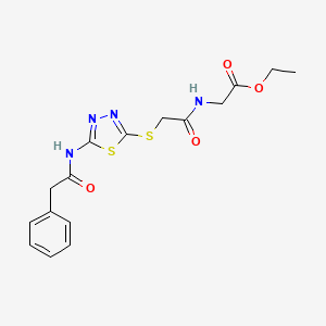 molecular formula C16H18N4O4S2 B2358744 Ethyl 2-(2-((5-(2-phenylacetamido)-1,3,4-thiadiazol-2-yl)thio)acetamido)acetate CAS No. 893329-64-1
