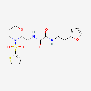 molecular formula C17H21N3O6S2 B2358770 N1-(2-(furan-2-yl)éthyl)-N2-((3-(thiophène-2-ylsulfonyl)-1,3-oxazinan-2-yl)méthyl)oxalamide CAS No. 872986-94-2