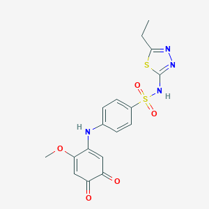 molecular formula C17H16N4O5S2 B235880 4(N-(5-ethyl-1-thia-3,4-diazol-2-yl)sulfophenylamino)-5-methoxy-1,2-benzoquinone CAS No. 138833-52-0