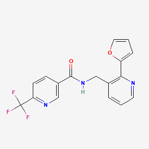 molecular formula C17H12F3N3O2 B2358820 N-((2-(呋喃-2-基)吡啶-3-基)甲基)-6-(三氟甲基)烟酰胺 CAS No. 2034345-05-4