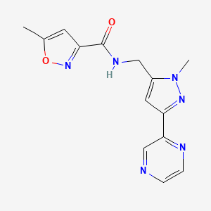 molecular formula C14H14N6O2 B2358831 5-甲基-N-((1-甲基-3-(吡嗪-2-基)-1H-吡唑-5-基)甲基)异噁唑-3-甲酰胺 CAS No. 2034288-30-5