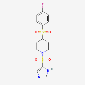 molecular formula C14H16FN3O4S2 B2358903 1-((1H-イミダゾール-4-イル)スルホニル)-4-((4-フルオロフェニル)スルホニル)ピペリジン CAS No. 1448072-50-1