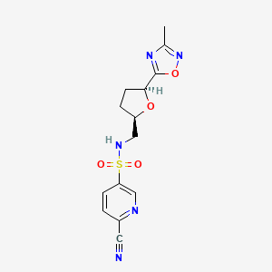 molecular formula C14H15N5O4S B2358940 6-Cyano-N-[[(2R,5S)-5-(3-methyl-1,2,4-oxadiazol-5-yl)oxolan-2-yl]methyl]pyridine-3-sulfonamide CAS No. 2223506-17-8