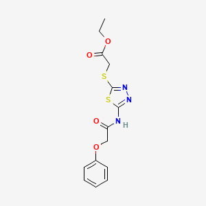 molecular formula C14H15N3O4S2 B2358953 Ethyl 2-((5-(2-phenoxyacetamido)-1,3,4-thiadiazol-2-yl)thio)acetate CAS No. 392317-75-8