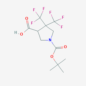 molecular formula C12H15F6NO4 B2358958 1-[(2-Methylpropan-2-yl)oxycarbonyl]-4,4-bis(trifluoromethyl)pyrrolidine-3-carboxylic acid CAS No. 2309474-22-2