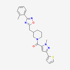 molecular formula C24H25N5O2S B2358986 1-[1-methyl-3-(thiophen-2-yl)-1H-pyrazole-5-carbonyl]-3-{[3-(2-methylphenyl)-1,2,4-oxadiazol-5-yl]methyl}piperidine CAS No. 1705103-70-3