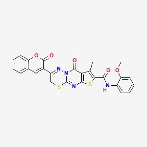 molecular formula C26H18N4O5S2 B2359034 N-(2-methoxyphenyl)-8-methyl-9-oxo-2-(2-oxo-2H-chromen-3-yl)-3,9-dihydrothieno[2',3':4,5]pyrimido[2,1-b][1,3,4]thiadiazine-7-carboxamide CAS No. 866589-33-5
