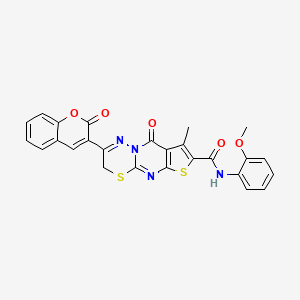 molecular formula C26H18N4O5S2 B2359034 N-(2-methoxyphenyl)-4-methyl-2-oxo-12-(2-oxochromen-3-yl)-6,10-dithia-1,8,13-triazatricyclo[7.4.0.03,7]trideca-3(7),4,8,12-tetraene-5-carboxamide CAS No. 866589-33-5