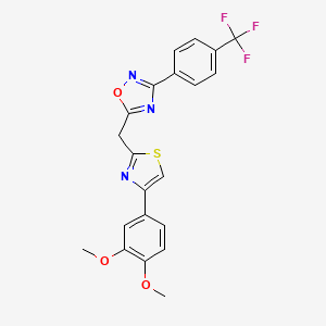 molecular formula C21H16F3N3O3S B2359050 5-((4-(3,4-Dimethoxyphenyl)thiazol-2-yl)methyl)-3-(4-(trifluoromethyl)phenyl)-1,2,4-oxadiazole CAS No. 1115908-50-3