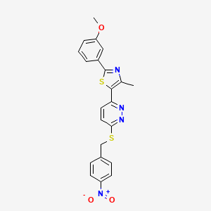 molecular formula C22H18N4O3S2 B2359068 2-(3-Methoxyphenyl)-4-methyl-5-(6-((4-nitrobenzyl)thio)pyridazin-3-yl)thiazole CAS No. 923202-11-3