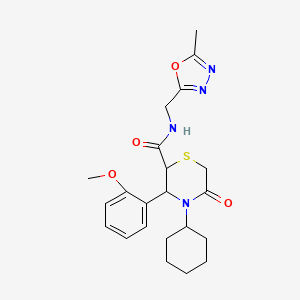 molecular formula C22H28N4O4S B2359082 4-Cyclohexyl-3-(2-methoxyphenyl)-N-[(5-methyl-1,3,4-oxadiazol-2-yl)methyl]-5-oxothiomorpholine-2-carboxamide CAS No. 2320856-34-4
