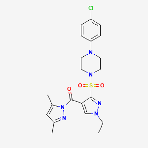 molecular formula C21H25ClN6O3S B2359118 1-(4-chlorophenyl)-4-({4-[(3,5-dimethyl-1H-pyrazol-1-yl)carbonyl]-1-ethyl-1H-pyrazol-3-yl}sulfonyl)piperazine CAS No. 1982951-08-5