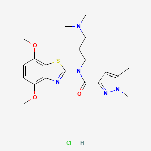 molecular formula C20H28ClN5O3S B2359296 N-(4,7-dimethoxybenzo[d]thiazol-2-yl)-N-(3-(dimethylamino)propyl)-1,5-dimethyl-1H-pyrazole-3-carboxamide hydrochloride CAS No. 1185107-24-7