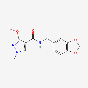 molecular formula C14H15N3O4 B2359346 N-(benzo[d][1,3]dioxol-5-ylmethyl)-3-methoxy-1-methyl-1H-pyrazole-4-carboxamide CAS No. 1014069-03-4