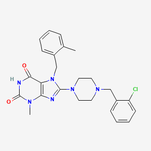 molecular formula C25H27ClN6O2 B2359375 8-{4-[(2-Chlorophenyl)methyl]piperazinyl}-3-methyl-7-[(2-methylphenyl)methyl]-1,3,7-trihydropurine-2,6-dione CAS No. 886907-67-1