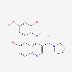 molecular formula C22H22FN3O3 B2359378 {4-[(2,4-Dimethoxyphenyl)amino]-6-fluoroquinolin-3-yl}(pyrrolidin-1-yl)methanone CAS No. 1351777-71-3