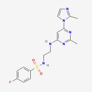 molecular formula C17H19FN6O2S B2359388 4-氟-N-(2-((2-甲基-6-(2-甲基-1H-咪唑-1-基)嘧啶-4-基)氨基)乙基)苯磺酰胺 CAS No. 1170436-26-6