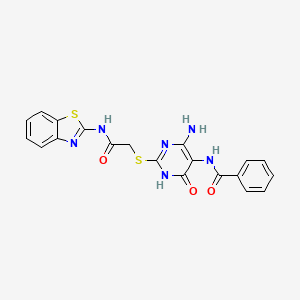 molecular formula C20H16N6O3S2 B2359431 N-(4-amino-2-((2-(benzo[d]thiazol-2-ylamino)-2-oxoethyl)thio)-6-oxo-1,6-dihydropyrimidin-5-yl)benzamide CAS No. 872596-93-5