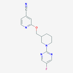 molecular formula C16H16FN5O B2359490 2-[[1-(5-Fluoropyrimidin-2-yl)piperidin-3-yl]methoxy]pyridine-4-carbonitrile CAS No. 2380099-27-2