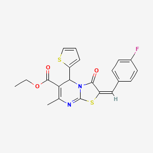 molecular formula C21H17FN2O3S2 B2359496 (E)-ethyl 2-(4-fluorobenzylidene)-7-methyl-3-oxo-5-(thiophen-2-yl)-3,5-dihydro-2H-thiazolo[3,2-a]pyrimidine-6-carboxylate CAS No. 312320-09-5