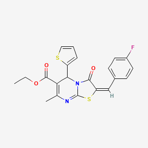 molecular formula C21H17FN2O3S2 B2359496 (E)-乙基 2-(4-氟苄叉)-7-甲基-3-氧代-5-(噻吩-2-基)-3,5-二氢-2H-噻唑并[3,2-a]嘧啶-6-羧酸酯 CAS No. 312320-09-5