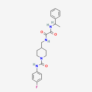 molecular formula C23H27FN4O3 B2359518 N1-((1-((4-フルオロフェニル)カルバモイル)ピペリジン-4-イル)メチル)-N2-(1-フェニルエチル)オキサラミド CAS No. 1234999-67-7