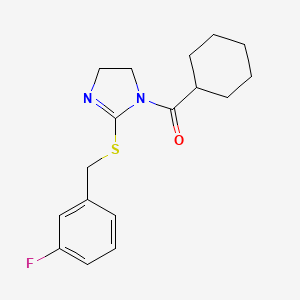 molecular formula C17H21FN2OS B2359526 Cyclohexyl-[2-[(3-fluorophenyl)methylsulfanyl]-4,5-dihydroimidazol-1-yl]methanone CAS No. 851864-73-8