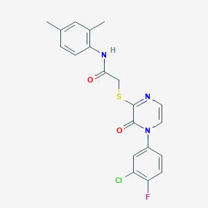 molecular formula C20H17ClFN3O2S B2359548 2-((4-(3-chloro-4-fluorophenyl)-3-oxo-3,4-dihydropyrazin-2-yl)thio)-N-(2,4-dimethylphenyl)acetamide CAS No. 899987-69-0