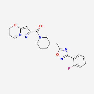 molecular formula C21H22FN5O3 B2359626 (6,7-dihydro-5H-pyrazolo[5,1-b][1,3]oxazin-2-yl)(3-((3-(2-fluorophenyl)-1,2,4-oxadiazol-5-yl)methyl)piperidin-1-yl)methanone CAS No. 1705879-08-8