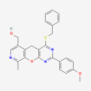 molecular formula C26H23N3O3S B2359636 [7-(Benzylsulfanyl)-5-(4-methoxyphenyl)-14-methyl-2-oxa-4,6,13-triazatricyclo[8.4.0.0^{3,8}]tetradeca-1(10),3(8),4,6,11,13-hexaen-11-yl]methanol CAS No. 892381-92-9