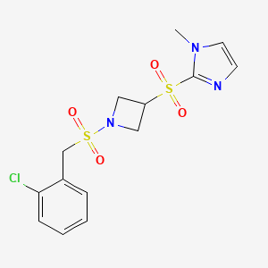 molecular formula C14H16ClN3O4S2 B2359647 2-((1-((2-chlorobenzyl)sulfonyl)azetidin-3-yl)sulfonyl)-1-methyl-1H-imidazole CAS No. 2320686-81-3