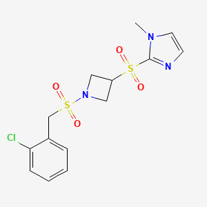 molecular formula C14H16ClN3O4S2 B2359647 2-((1-((2-氯苄基)磺酰基)氮杂环丁烷-3-基)磺酰基)-1-甲基-1H-咪唑 CAS No. 2320686-81-3