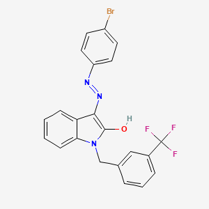 molecular formula C22H15BrF3N3O B2359652 1-[3-(三氟甲基)苄基]-1H-吲哚-2,3-二酮 3-[N-(4-溴苯基)腙] CAS No. 303984-89-6